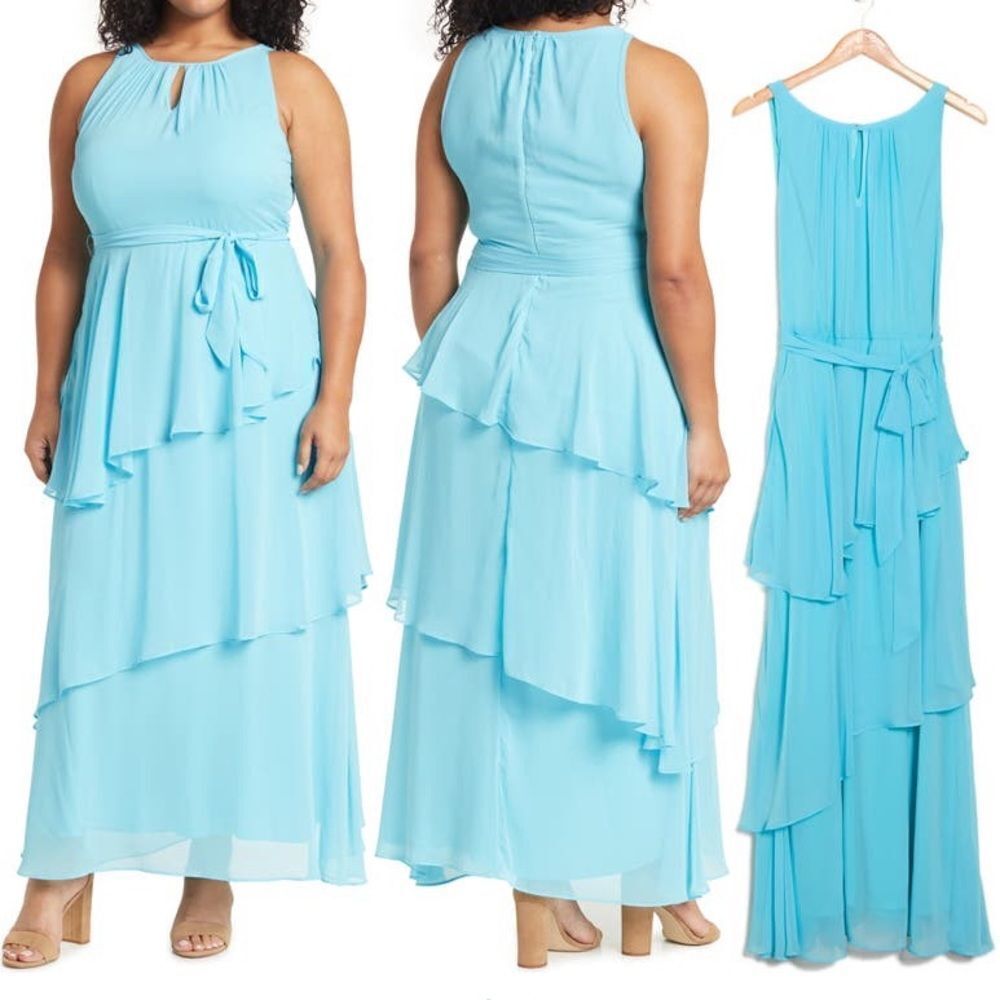 Tahari Aqua Tiered Chiffon Maxi Dress | Keyhole Neck & Tie Waist | Women’s 12